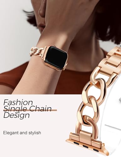 Image of JR.DM Rose Gold Watch Bands for Women Compatible with Apple Watch 38mm 40mm 41mm 42mm(S10 /11) Adjustable Metal Cowboy Steel Single Chain Bracelet for iWatch Series 11 /10 /9 /8 /7 /6 /5 /4 SE 3 /2 /1(No Case)