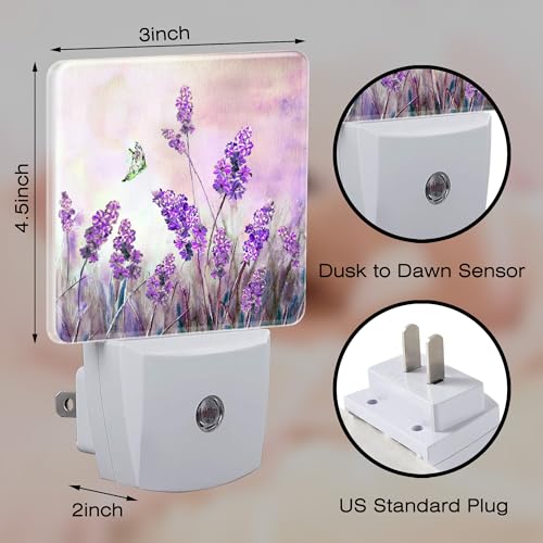 Image of Purple Lavander Flowers Butterfly Night Light Plug into Wall,Watercolor Lavander Floral Dusk to Dawn Night Light,0.5w Energy Saving Sleep Friendly Nightlights for Kids Boys Girls Home