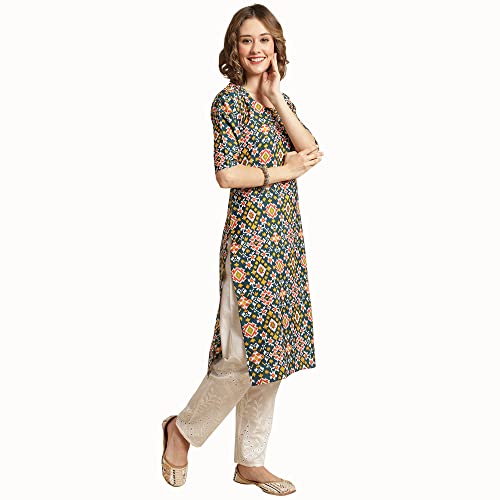 Image of Pinkmint Women's Crepe Multicolor Ethnic Motif Printed Straight Kurti (530383-L)