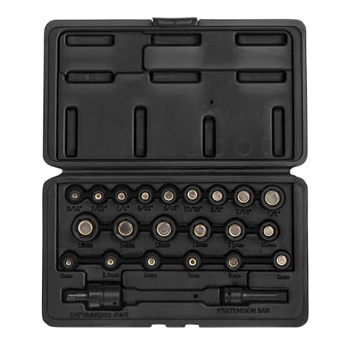 SUNEX TOOLS 1818 1/4-Inch Drive Magnetic Fractional and Metric Impact Socket Set, Inch/Metric, Standard, 6-Point, Cr-Mo, 3/16-Inch - 1/2-Inch, 5mm - 15mm, 23-Piece