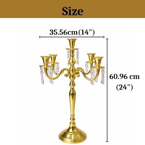 Image of Premium 24 Inch Golden Aluminum 5-Arm Candle Stand with Crystal Hangings | Luxury Centerpiece for Home Decor, Weddings, Festive Decoration & Dining Table