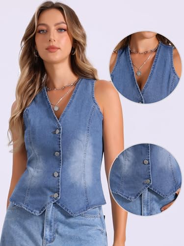 Allegra K V Neck Denim Vest for Women's Sleeveless Button Down Jean Waistcoat Fashion Casual Jacket2