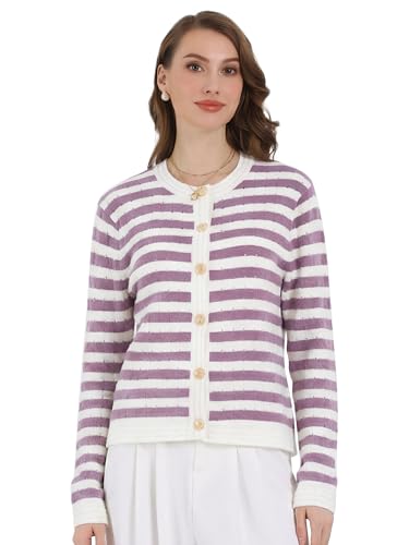 Image of Hobemty Women's Striped Knit Cardigan Long Sleeve Button Down 2025 Spring Fall Ribbed Sweater Top