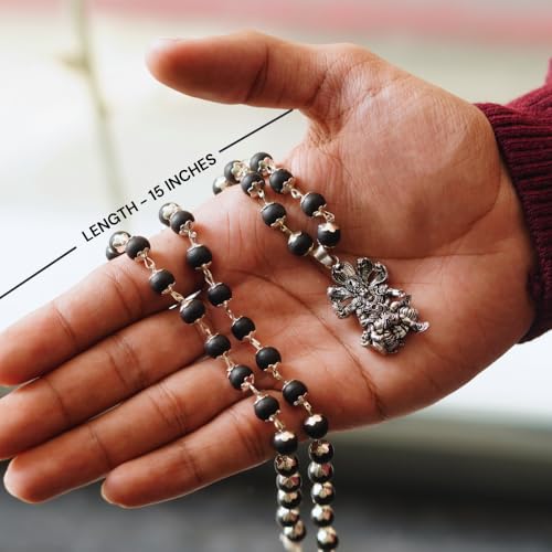 Image of Japam Silver Karungali Necklace with Lord Narasimha Pendant | Black Wood Spiritual Mala for Men | Puja & Meditation | Certificate of Authenticity
