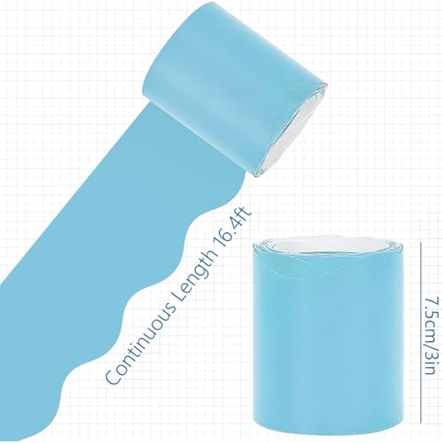 Image of Whaline 65.6 Ft Summer Baby Blue Scalloped Bulletin Board Borders 4 Rolls Gradient Blue Die-Cut Board Trim for Back to School Classroom Office Chalkboard