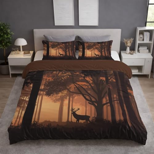 Générique Paysage Housse de Couette Arbre Cerf Silhouette, Parure de Lit Linge de Lit en Microfibre avec Taies, 140 X 200 cm, Réversible, Douce, Orange,...