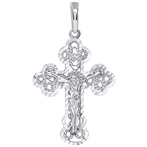 Solid 14k White Gold Filigree Eastern Orthodox Cross Crucifix Pendant Necklace2