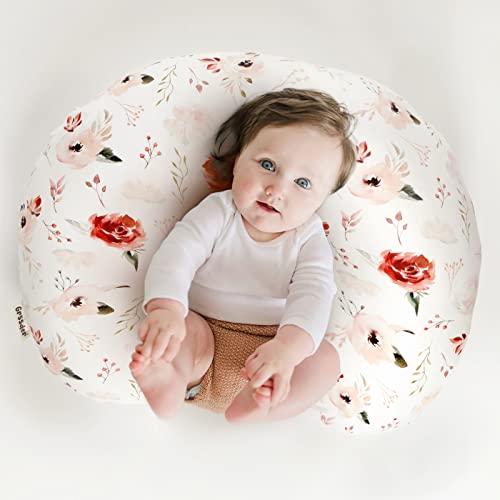 Image of GRSSDER Nursing Pillow Cover Stretchy Minky Removable Nursing Covers for Breastfeeding Pillows, Ultra Soft Comfortable Slipcover for Boy and Girls, Pretty Watercolor Rose Flora, Orange Pink