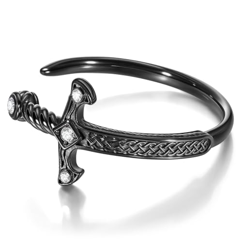 Stainless Steel Mens Cuff Bracelet, Cool Sword Silver/Black/Gold Viking Celtic Knot Cubic Zirconia Open Metal Cuff Bangle Bracelets Jewelry Gifts for Men, 62MM