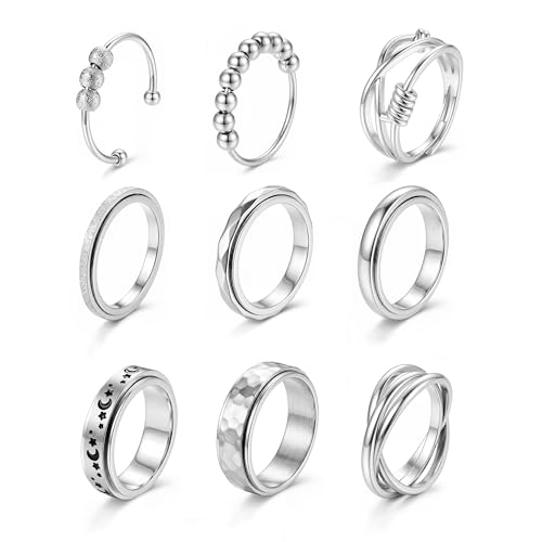 MILACOLATO Silver Plated Fidget Rings for Women Men Anxiety Ring Set Stainless Steel Fidget Spinner Ring for Anxiety Relief Bead Star Moon Adjustable Rings Stress Relief Jewelry Gifts Size 8