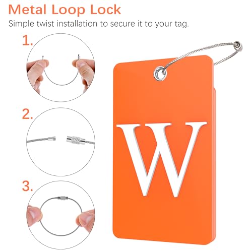 Gostwo 2 Pack Luggage Tags for Suitcases, 26 Initial Letter Travel Luggage Baggage Identification Labels ID Tag Fully Bendable Tags with Stainless Steel Loop (Orange) (Letter W)