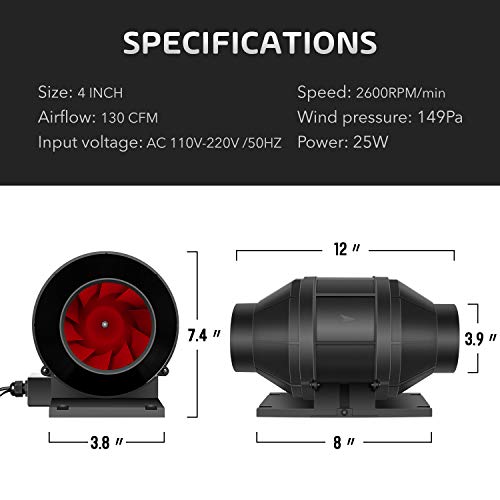 Ipower 4 Inch 130 Cfm Inline Duct Fan With Speed Humidity Temperature Controller, For Hydroponics/Grow Tent Ventilation, 4", Black #TOP4