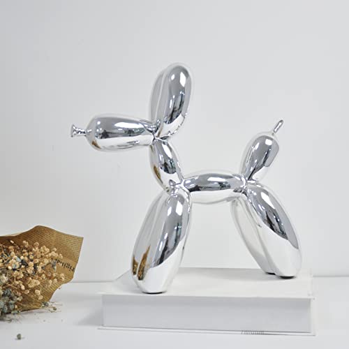 Standing Shinny Balloon Dog Metallic Finish Sculpture Animals Collectible Figurines Fashion Art Resin Craft Living Room Ornament Modern Desktop Decorations Home Décor (9.8”H X 3.5”W X 9.8”L, Silver) #TOP4