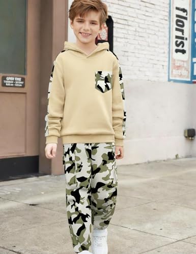 Image of mksodopy Boys Clothes Long Sleeve Hoodie and camouflage cargo pants Boy Outfits for 6-16 Years