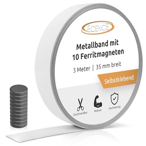ECENCE Cinta metálica adhesiva 3m x 35 mm - con 10 imanes de ferrita - tira de acero para notas, fotos, figuras y apuntes