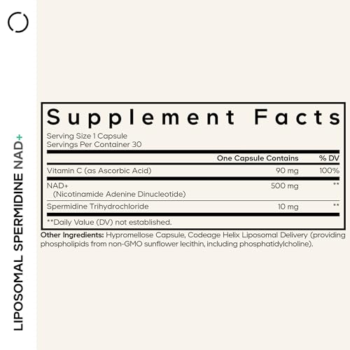 Codeage Liposomal Spermidine NAD+ Spermidine Supplement - 500 Mg NAD+ Vitamin C - Liposomal Delivery - Nicotinamide Adenine Dinucleotide Pills - 1 Capsule Per Serving - Vegan, Non-GMO - 30 Capsules