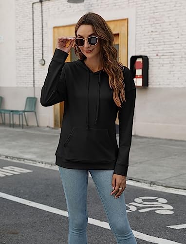 Orandesigne Women's Casual Color Block/Solid Hoodies Long Sleeve Pullover Tops Loose Lightweight Sweatshirt With Pocket Black #TOP3