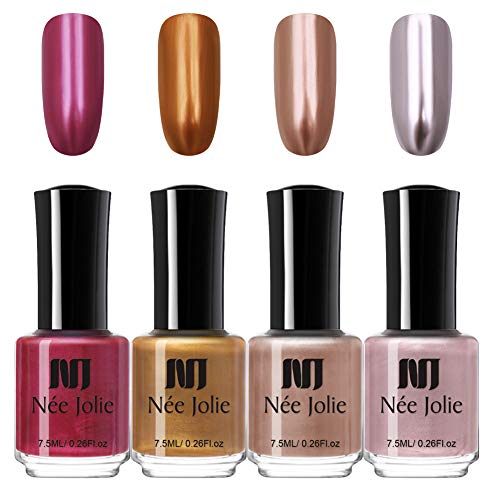 NEE JOLIE 4 Bottles Metallic Nail Polish Set Mirror Nail Varnish Gold Color Metal Effect Nail Polish Kit 7.5ML