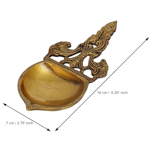 Image of eCraftIndia Golden Ethnic Design Brass Diya with Handle - Ideal for Home Temple for Ganesh Chaturthi, Navaratri, Diwali