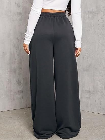 Image of Women's Wide Leg Sweatpants - High Waisted Baggy Joggers with Pockets, Oversized Cinch Bottom Lounge Pants, Cotton Blend Relaxed Fit Streetwear Trousers