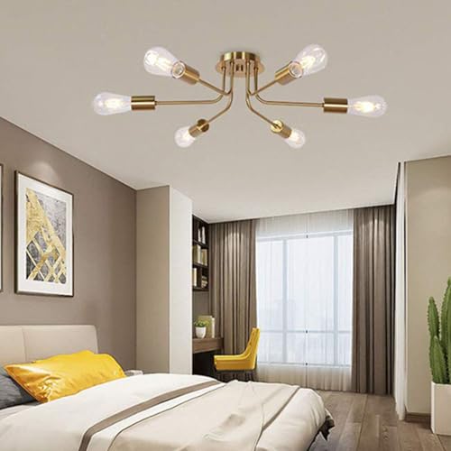 Mengjay Vintage Ceiling Light for Bedroom,Sputnik Ceiling Light Fixtures,6 Lights Chandelier Semi Flush Mount Ceiling Lights for Living Room Kitchen Dining Room Farmhouse Hallway (6 Heads(Gold))