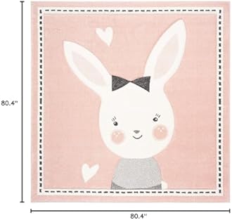 SAFAVIEH Carousel Kids Collection Area Rug - 6'7" Square, Pink & Ivory, Bunny Design, Non-Shedding & Easy Care, Ideal for High Traffic Areas for Boys & Girls in Playroom, Nursery, Bedroom (CRK166P)