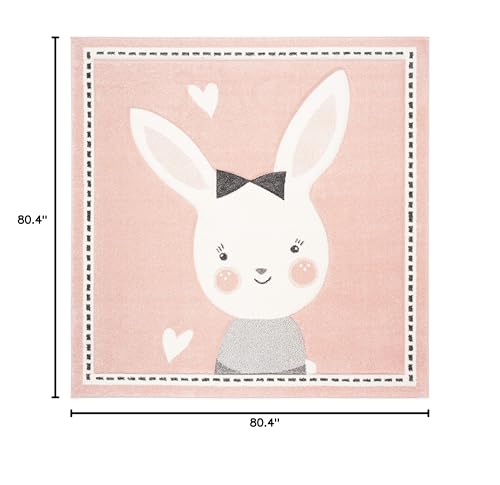 SAFAVIEH Carousel Kids Collection Area Rug - 6'7" Square, Pink & Ivory, Bunny Design, Non-Shedding & Easy Care, Ideal for High Traffic Areas for Boys & Girls in Playroom, Nursery, Bedroom (CRK166P)