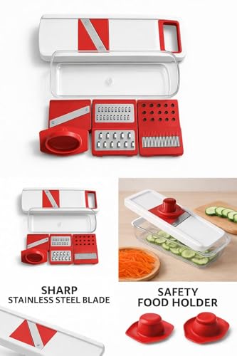 Image of Multifunctional 6 in 1 Vegetable Slicer, Mandoline Vegetable Chopper with Container, Red and White, Multi-Blade Slicer Dicer Grater Set, Kitchen Food Prep Tool