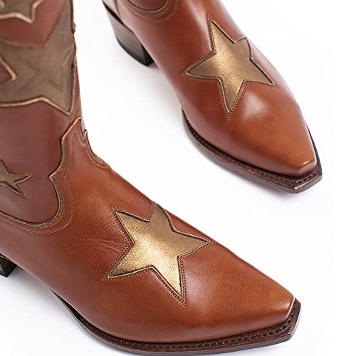 Image of YIYA Women's Star Cowboy Boots Black and White Cowgirl Boots with White Stars Pointed Toe Chunky Low Heel Pull-On Wide Calf Western Embroidered Boots