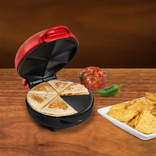 Nostalgia Taco Tuesday Quesadilla Maker – Fits up to 5½-Inch or Street Taco Sized Tortillas - 6-Wedge Cooking Surface - Perfect for Beef, Chicken, Veggie,& Cheese Quesadillas - Red