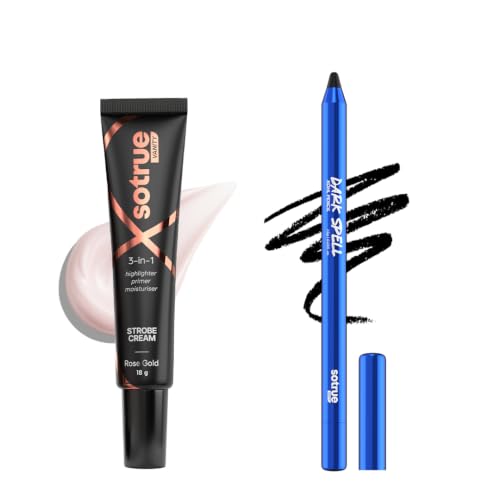 Image of Sotrue Dark Spell Kohl Kajal + Rose Gold Radiance Multipurpose Strobe Cream Combo | 24H Smudgeproof Kajal, Instant Glow | Waterproof Eye Makeup & Hydrating Primer, Highlighter Duo (18g, Rose Gold)
