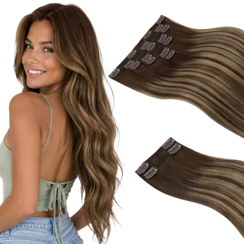 Sunny Hair Clip in Hair Extensions Real Human Hair Brown Balayage 170g