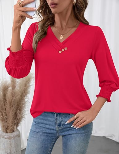 LOMON Blouses for Women Dressy Casual 3/4 Length Sleeve Womens Tops with Buttons Decor4