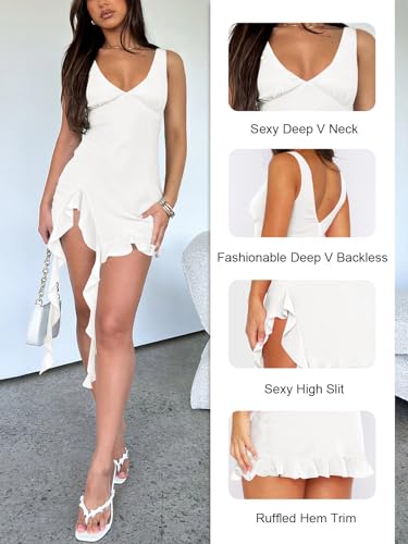 Women Sexy V Neck Sleeveless Mesh Ruffle Hem Bodycon Maxi Dress Backless High Slit Cocktail Party Club Dress3