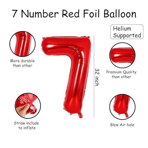 Image of Red 7 Number Foil Balloon with Crown & Base Balloons | 32 Inch Helium Supported for Birthday, Anniversary, Baby Shower Decoration - Pack of 14