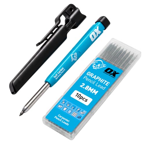 OX Tools Carpenter Pencils Mechanical Set Heavy Duty Construction Pencil with 10X 2.8mm Lead Pack Belt Clip Sharpener & Holder Precision Mechanical Carpenter Pencil - Woodworking Pencils