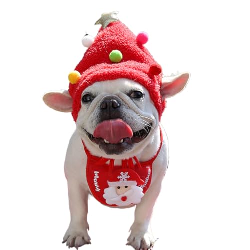 ペット用クリスマスハット ツリーデザイン ポンポン付き 小型犬 猫 仮装 ホリデーグッズ サンタ帽子 セット かわいい 被り物 記念写真 パーティー 冬のイベント おしゃれ プレゼント (レッド(L))