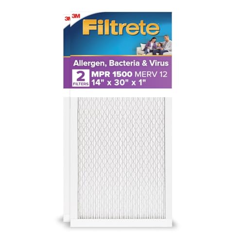 Filtrete 14x30x1 AC Furnace Air Filter, MERV 12, MPR 1500, CERTIFIED asthma & allergy friendly, 3 Month Pleated 1-Inch Electrostatic Air Cleaning Filter, 2-Pack (Actual Size 13.81x29.81x0.78 in)