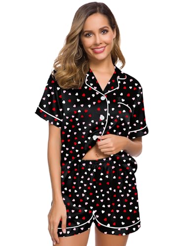 Image of SWOMOG Womens Silk Satin Pajamas Set Two-piece Pj Sets Sleepwear Loungewear Button-Down Pj Sets Heart Collage White Piping & Buttons Large