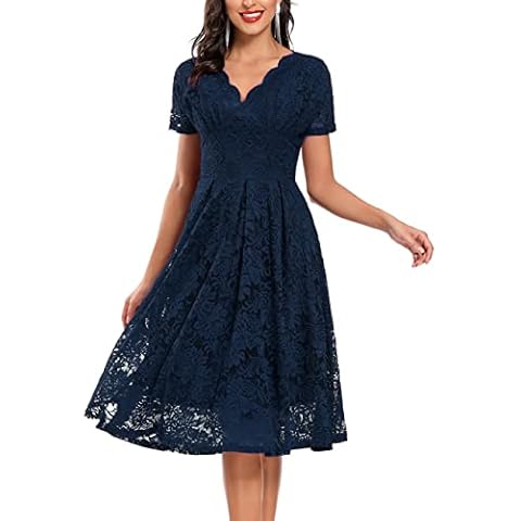 MAYFASEY Women Floral Lace Bridesmaid Party Dress Short Prom Dress V Neck Short Sleeve Cocktail Dress, Navy Blue, XL Cover
