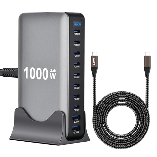 1000W 10-Port GaN 4 Desktop Charging Station with 240W 6.6 ft Data Cable - Compatible with Tablets Phones Laptops Gaming Consoles Headphones