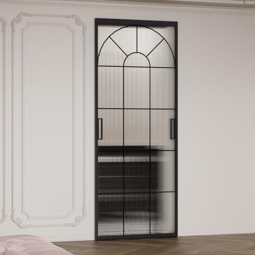 Image of Opening Size 26 inch -30 inch x 72-85 inch H Fluted Glass Barn Door, Concealed Sliding Barn Door with Soft Close, Waterproof Modern Sliding Door for Bathroom /Kitchen Privacy, 5 /16 inch(8mm) Tempered Glass,