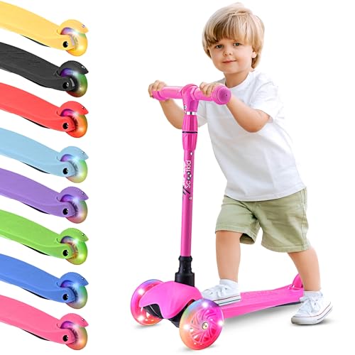 Hurtle Mini Kickboard Scooter for Kids – Height Adjustable 25-28 Inches, 3-Wheel Toddler Micro Scooter with LED Light-up Wheels, Lightweight Riding Toy, Non-Slip, Indoor/Outdoor Fun, Ages 2-5 (Pink)