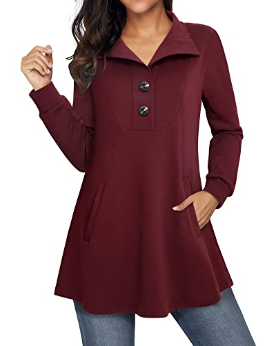 Youtalia Ladies Tunic Tops For Leggings, Women's Swing Tunic Sweatshirts Long Sleeve Lapel V Neck Top With Pockets Fashion Business Casual Sweatshirt Ladies Pullover Button Down Shirts Wine Large #TOP2