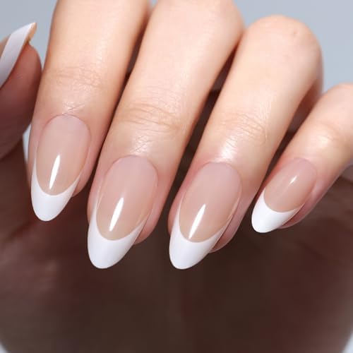White French Tip Press On Nails Medium Almond, Nude Neutral Nails...