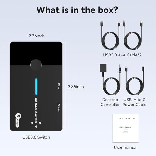 USB 3.0 Switch 2 Computers Keyboard Mouse Switcher USB A Hub Switches Selector for 2 PC or Laptop Share 3 USB A Ports and 1 USB C Port with Extended Controller