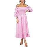 GOKOMO Sommerkleid Damen Lange Ärmel Bardot Plaid A-Linie Kleid Maxikleid Strandkleider Partykleid Freizeitkleid Kleider Rock