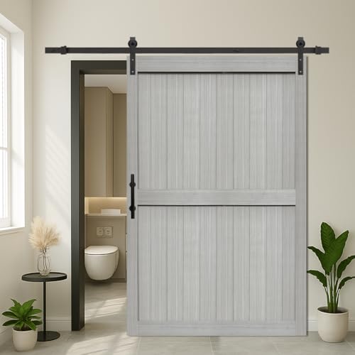 S&Z TOPHAND® 54in x 84in MDF Light Gray Barn Door with 10FT Sliding Door Hardware Kit, 24-60in Solid Barn Door Slab Covered with Water-Proof PVC Surface, Simple Assembly is Required