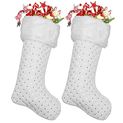 DecroXmas Henrey Tech Weihnachtsstrümpfe Weißer Plüsch 2 Stück Groß Candy Geschenktüte Zum Füllen und Aufhängen von Kamindekorationen Cover