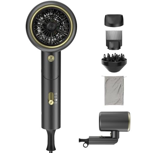 Oxsaytee 2400W Hair Blow Dryer with Diffuser Foldable Mini Travel Hair Dryer Ionic Hair Dryer With Storage Bag & Bracket Bow Dryer for Curly Hair Fast Drying For Home Salon Travel Black